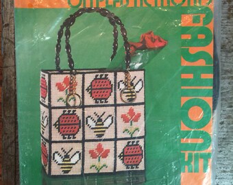 Vintage New In Package 1972 Pauline Denham Needlepoint on Plastic Motifs Tote Bag Kit