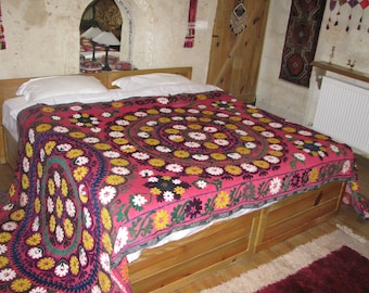LONG SUZANI BEDSPREAD-Vintage Suzani-Boho Chic Suzani-Bohemian Textile-Boho chic Textile-Bohemian Textiles,Boho Chic Textiles,Boho Wall