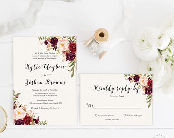Bohemian Wedding Invitation Suite, Fall Wedding Invitation, Winter Wedding Invite Set, Marsala Burgundy Peach Blush, Rustic Boho Chic- Kylie