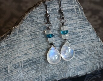 RESERVED Rainbow Moonstone Earrings on Oxidized Sterling Silver