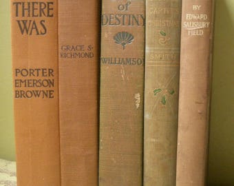 Sale, Set of 5, Edwardian Books, Antique Brown Book Bundle Set, Wedding Decor Movie Prop, Early 1900s Bundled Tan Books, Five Book Stack Lot