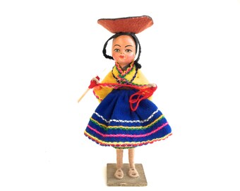 Sweet Vintage Southwestern Doll~ Lovely 1940's Mexican woman in colorful skirt & Hat~ Textile doll