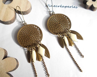 Earrings bronze sequin pendant ivory