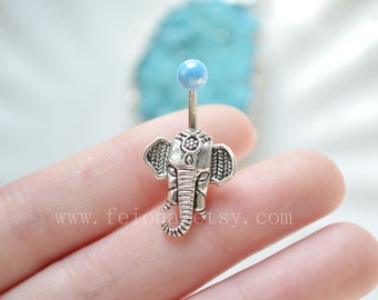 Silvery elephant belly button ring, elephant Navel Piercing,friendship blue bead Belly Ring , Belly Button Piercing, Belly jewelry
