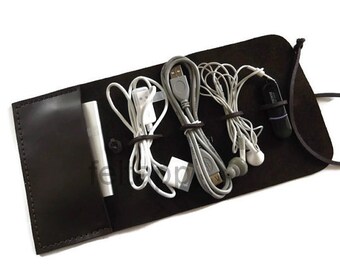 Leather Cord Wrap with Pocket, Leather Cable Organizer, Cord Roll, Cord Organizer, Brown or Black Color, Full Grain Leather, Hand Stitched