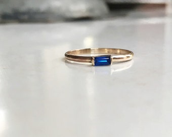 Genuine Sapphire Baguette Ring, Blue sapphire, 14K gold, gold filled