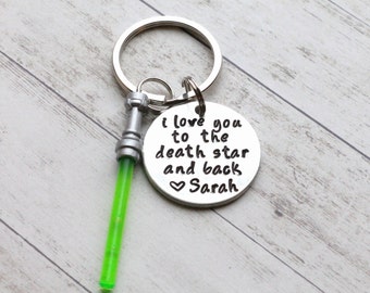 I Love You to the Death Star and Back Hand Stamped 1" Aluminum Keychain, Star Wars Keychain, Force, Lightsaber Keychain Husband Valentine's