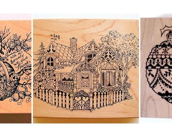 1990s Vintage PSX Stamp Lot // Rubber Stamps Large // Holiday Thanksgiving Christmas Cottage