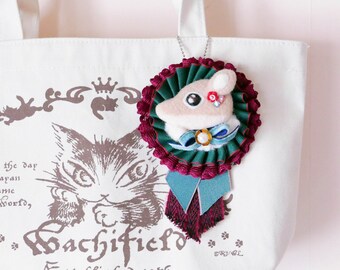 Handmade needle felt deer rosette badge, felt fawn rosette brooch, whimsical felt animal bag charm, purple ribbon, gift under 25