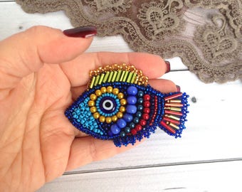 Fish brooch Blue jewelry Cat eye Gift for her Stone Women gift Beadwork Stone jewelry gift Birthday Fulfills wishes)