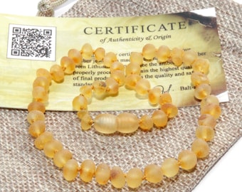 Baltic Amber Teething Necklace - RAW Beads Unpolished Rounded - Genuine Amber For Baby - Amber Baby Necklace - Jewelry With Certificate