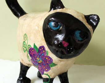 Paper Mache Cat Sculpture - Tinger the Siamese Cat