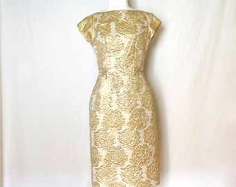 Vintage 1950's/ 60's Gold Rose Embossed Short Sleeve Wiggle Dress Size Small