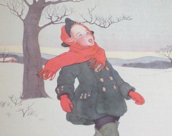Vintage Illustration, Boy In Snow, Marjorie Torrey Art, 1940s Color Illustration, Singing Boy, 1946 Sing in Praise, Caldecott Honor Book