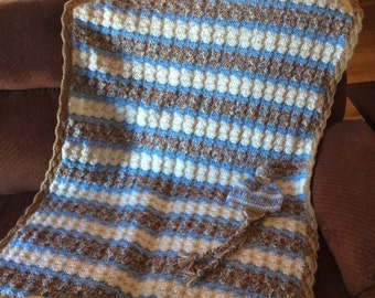 Crochet Baby Boy Afghan Blanket ~ Handmade ~ Baby Shower ~ Gift ~ FREE HAT