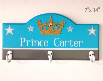 Kids coat rack, boys coat rack, wooden door hangers, prince room signs, personalized coat rack, children's coat racks,boys door signs