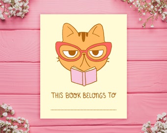 Librarian Cat Printable PDF Bookplates // Cat, book, glasses, library, stickers, digital, download, label, kawaii, cute stationery