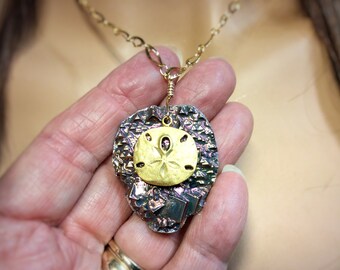 Gold Sand Dollar Necklace, Bismuth Crystal Necklace, Bismuth Necklace, Bismuth Jewelry, Beach Necklace, Sea Life Necklace.