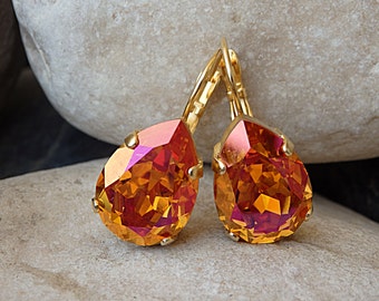 Orange jewelry, Teardrop Earrings, Clementine Earrings, Tangerine Earrings. Swarovski crystal earrings. Neon earrings. Bridesmaid jewelry .