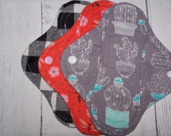 Set of 3 Flannel panty liners with wings 8 inches assorted prints