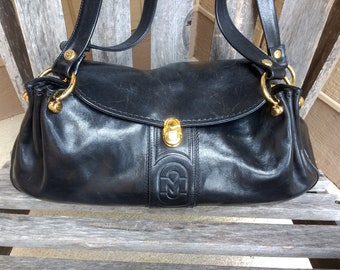 Vintage Marino Orlandi Black Genuine Leather Handbag Shoulder Bag Purse with Gold Hardware Made in Italy