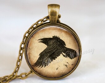 RAVEN Necklace, Raven Pendant, Raven Keychain, Raven Jewelry, Crow Necklace, Black Bird, Bird Jewelry, Sepia Print, Crow Pendant