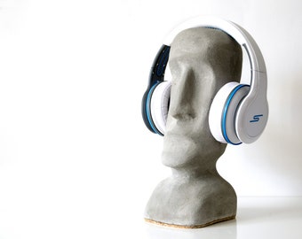 Concrete headphone stand Moai statue style Easter island headphones sculpture cork bottom pad no scratch surface