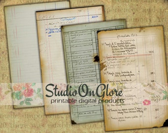 4 Vintage Ledger pages, 4 x 6", Ephemera for Junk Journals, Scrapbooks, Decoupage, Antique papers #18010