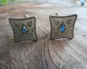 Silver Tone Cuff Links With Center Blue Stone