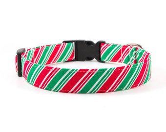 Christmas Dog Collar // S-XL // Adjustable Length - Fabric: Classic Christmas Stripes