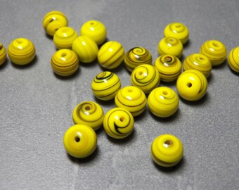 Vintage German Yellow with Black Swirls 8mm Round Glass Beads (10)