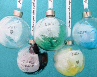 A Personalised Christmas Bauble. Hand Stamped Feather Any Names Dates, Colours. Personalised Bauble. Glass Bauble. Angels Near Memorial Gift