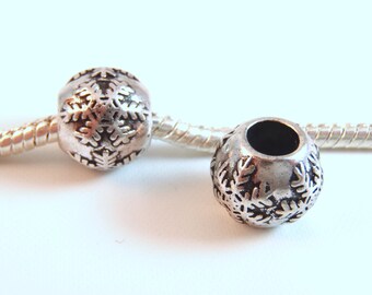 3 Beads - Snowflake Snow Winter Christmas Silver European Bead Charm E0937