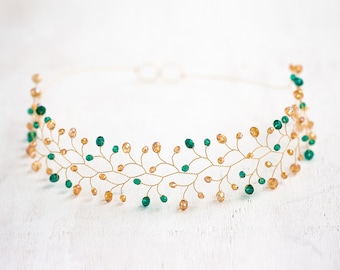 11_Green crystal headband, Gold hair accessories, Bridal hair piece, Wedding crown, Bridal tiara, Hair accessories for bride, Tiaras