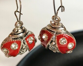 Red and Crystal Ladybug Dangle Earrings