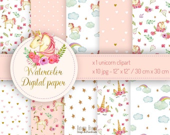Unicorn digital paper, unicorn party, Watercolor Digital Scrapbooking Paper, digital paper set, digital paper pack, watercolor unicorn