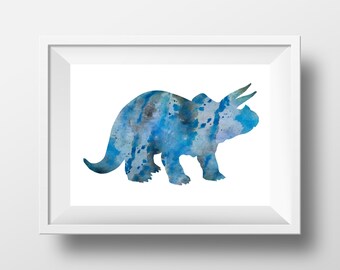Triceratops poster, blue dinosaur print, art for boys room