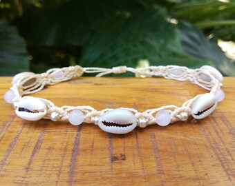 Beach anklet,Boho anklet,Shell choker,Shell anklet,Surfer anklet,Surfer choker,Macrame anklet,Macrame choker,Beach anklet with Rose Quartz.
