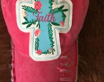Baseball hat with a Floral Cross that has Faith in the Center
