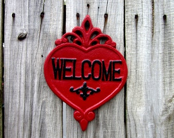 Welcome Sign, Red, Black, Plaque, Cast Iron, Home Sign, Welcome, Door Welcome Sign, Heart Plaque, Ornate Welcome Sign, Indoor, Outdoor