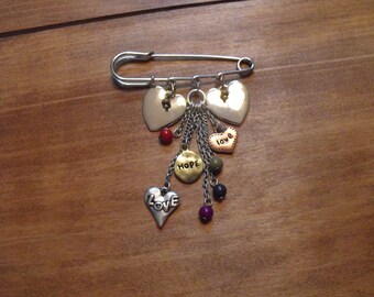 Love and Hope Safety Pin Brooch, Unity Safety Pin, Solidarity Safety Pin, Scarf Pin, Large Brooch, Love Charm, Hope Charm, Heart Charm