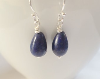 Blue Lapis Lazuli Earrings, Sterling Silver Earrings, Teardrop Gemstone Jewellery, Silver Dangle Earrings, Dark Blue Earrings, Gift For Her