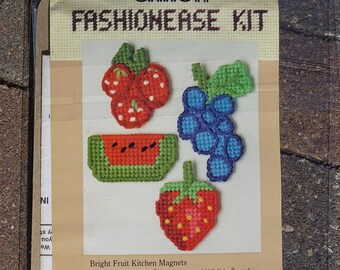 Plastic Canvas Kit, Bright Fruit Kitchen Magnets, by Caron, No. 4114, Kitchen Magnet Kit, Vintage, Fruits in Plastic Canvas, Kitchen Decor
