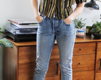 Legit 1950s Black Tan Yellow Brown Funky Print Crop Button-up Blouse