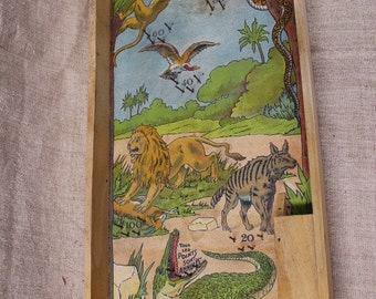 Pinball Game, tabletop game, made of wood, with 6 painted clay marbles, vintage French