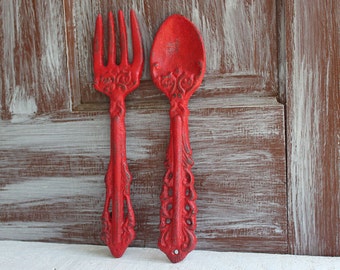 Large Ivory Fork and Spoon Kitchen wall decor Oversized