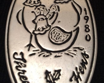 Vintage Wilton Columbia Oval 1980 Three French Hens; Pewter-Armetale Christmas Tree Ornament;From the "12 Days of Christmas" series.