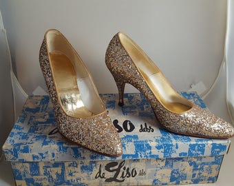 Vintage Deliso Debs Gold Glitter High Heel Shoes Sz 5.5