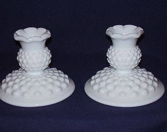 Fenton White Milk Glass Hobnailed Candlesticks 4 Inches Tall Excellent