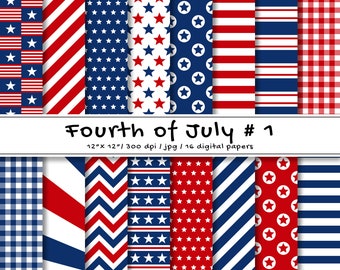 Fourth Of July Digital Paper Pack | 4th of July Digital Papers | Patriotic Red, Navy Blue and White Patterns